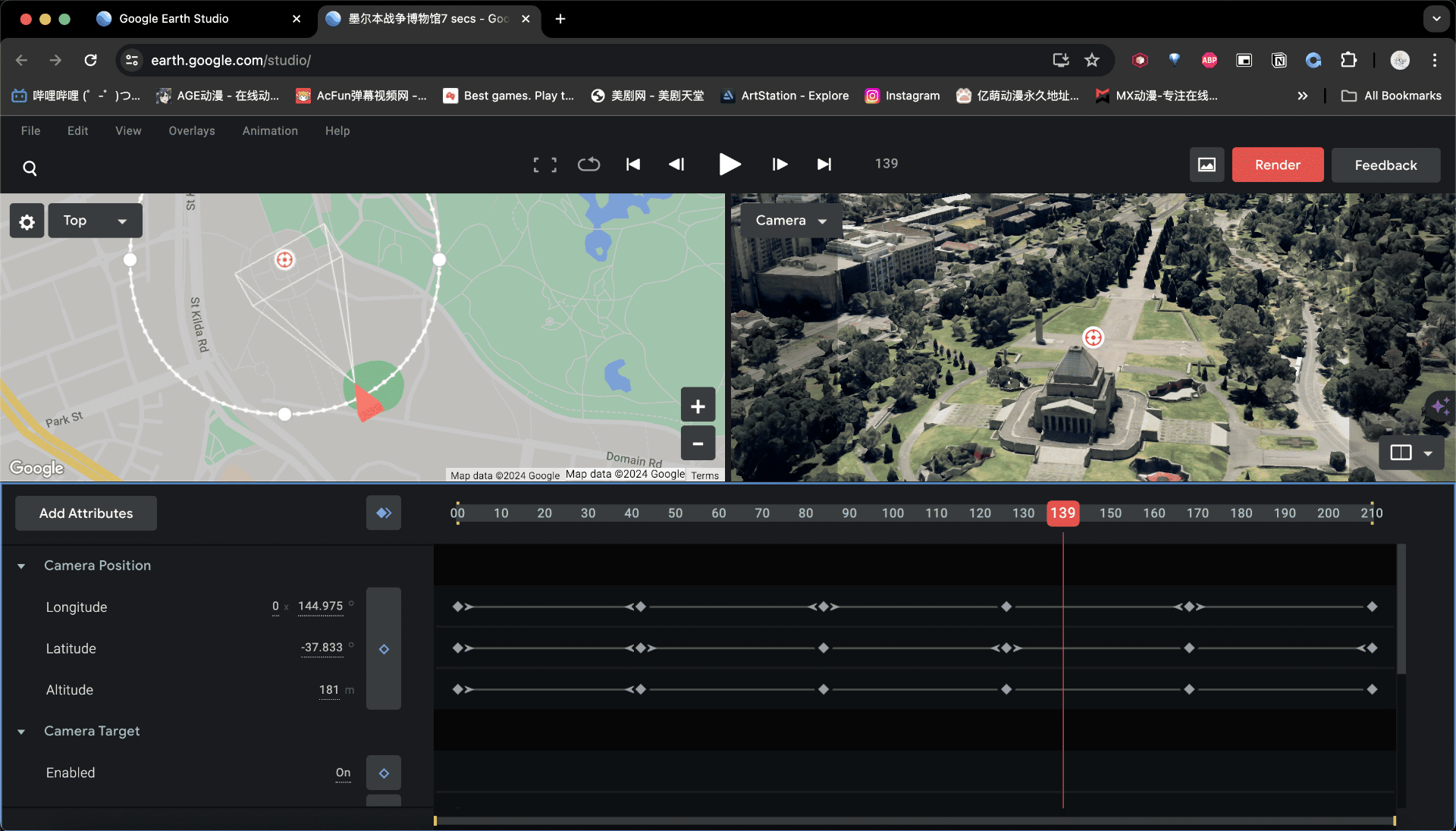 Animating and keyframes using Google Earths Studio to film shots that are impossible to do in person